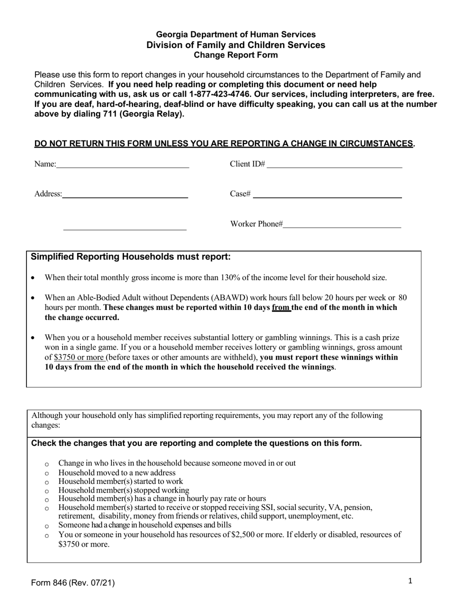 Form 846 Change Report Form - Georgia (United States), Page 1