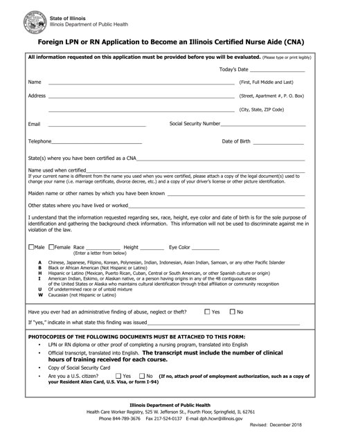 Foreign Lpn or Rn Application to Become an Illinois Certified Nurse Aide - Illinois Download Pdf