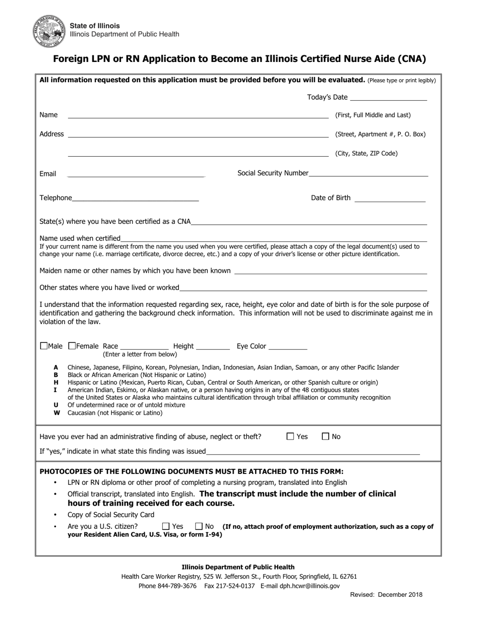 Foreign Lpn or Rn Application to Become an Illinois Certified Nurse Aide - Illinois, Page 1