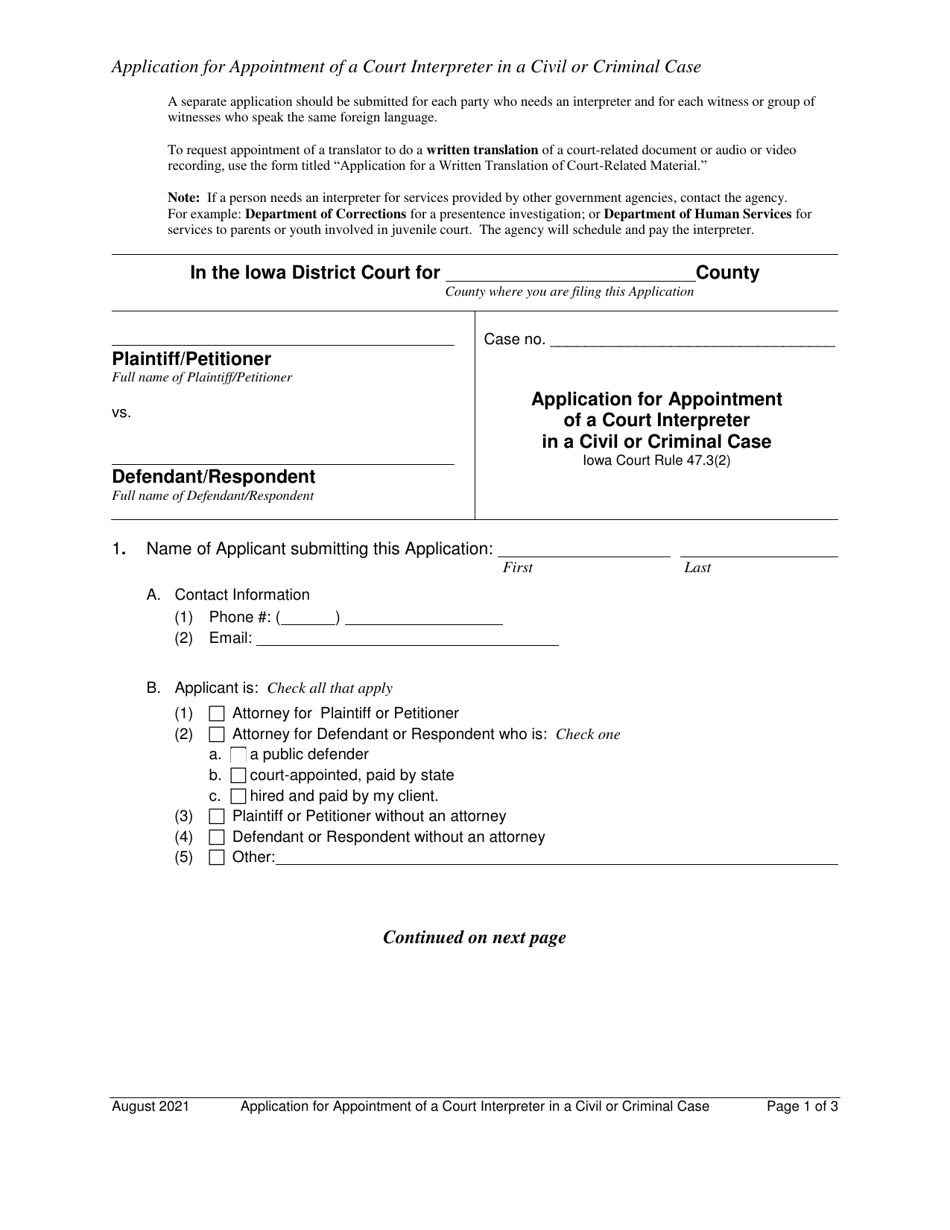 Application for Appointment of a Court Interpreter in a Civil or Criminal Case - Iowa, Page 1