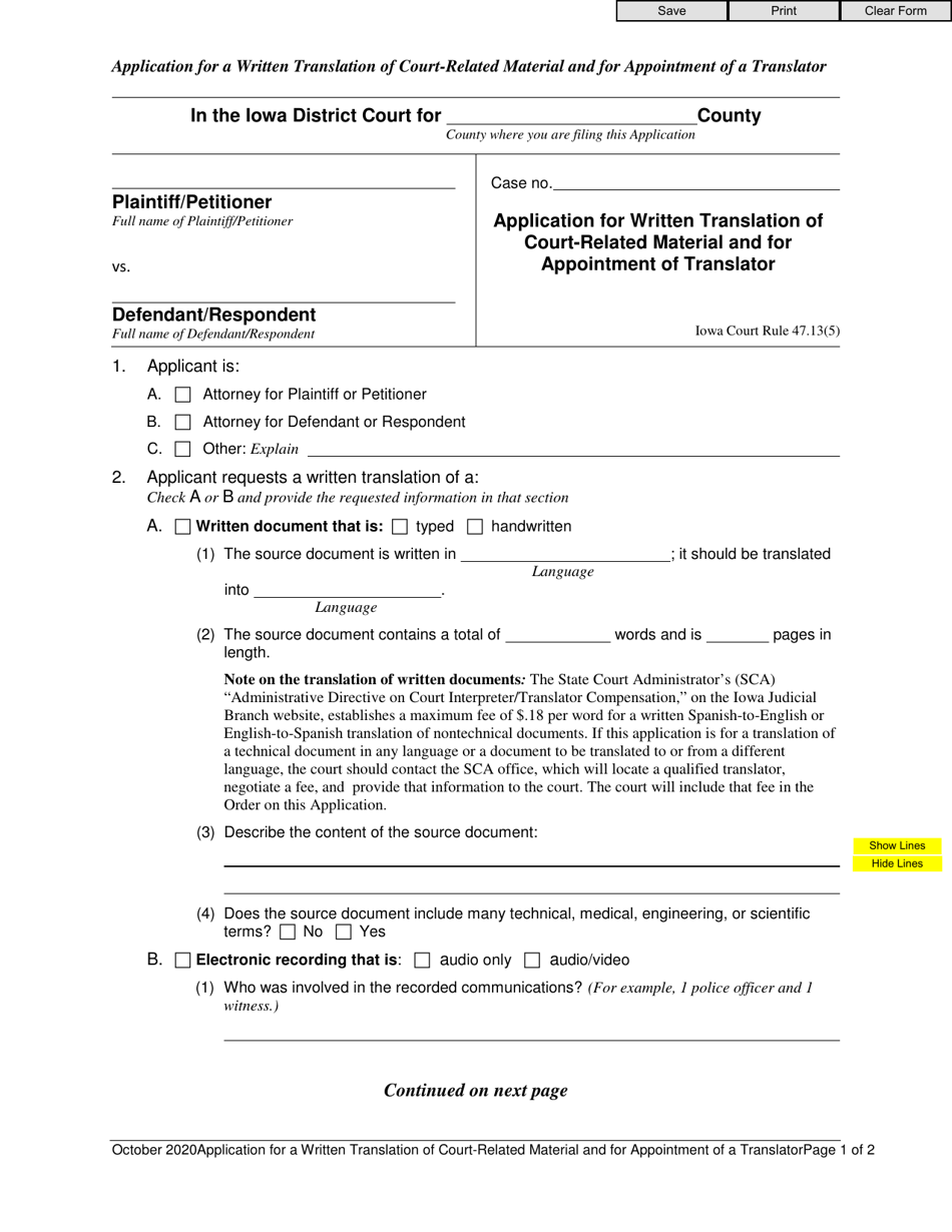 Iowa Application for Written Translation of CourtRelated Material and