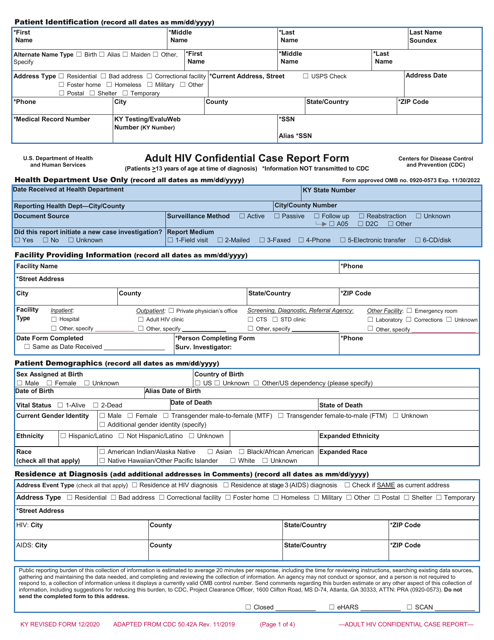 Adult HIV Confidential Case Report Form - Kentucky Download Pdf
