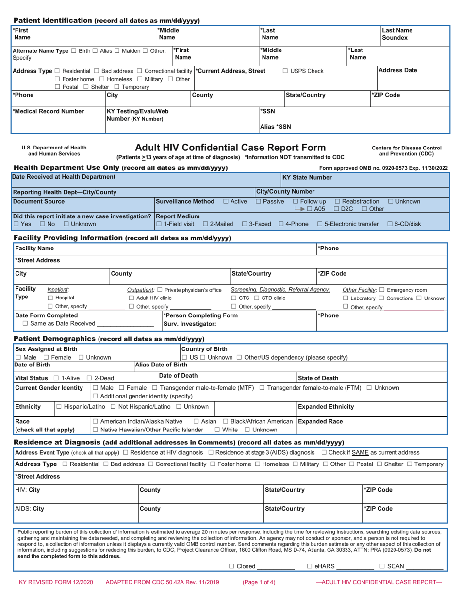 Adult HIV Confidential Case Report Form - Kentucky, Page 1