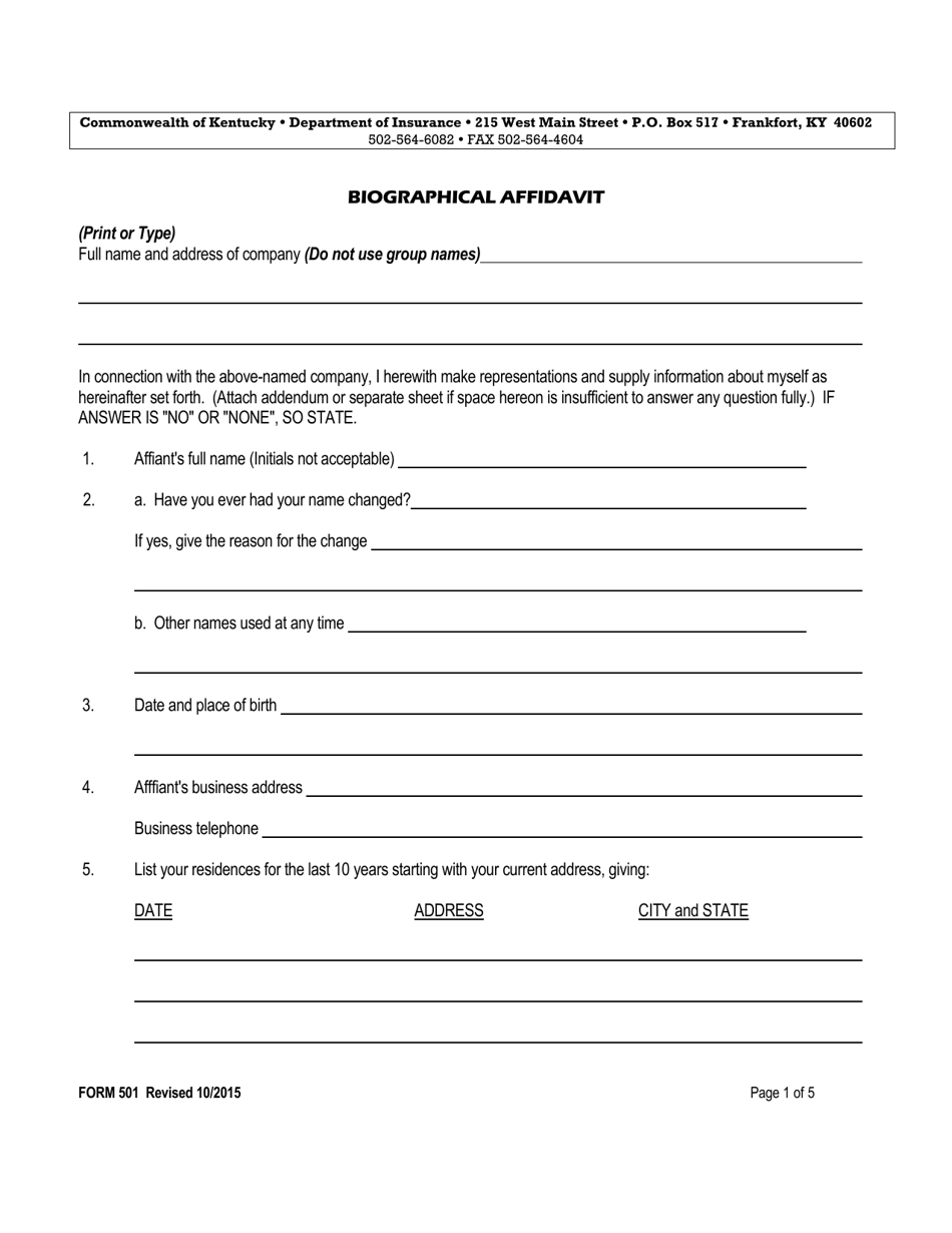 Form 501 Biographical Affidavit - Kentucky, Page 1