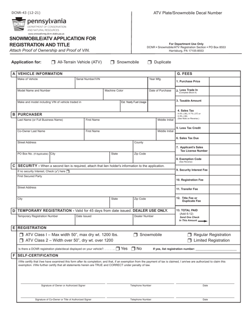 Form DCNR-43 Snowmobile/Atv Application for Registration and Title - Pennsylvania