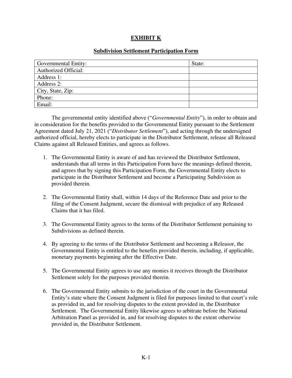 Exhibit K Subdivision Settlement Participation Form - Vermont, Page 1