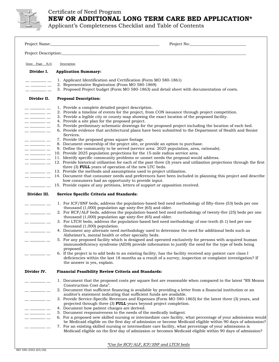 Form MO580-2502 New or Additional Long Term Care Bed Application - Certificate of Need Program - Missouri, Page 1