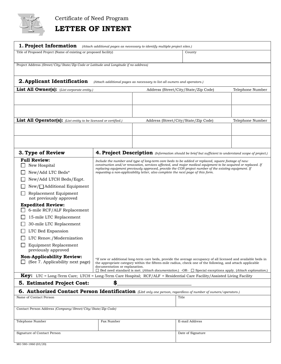Form MO580-1860 Letter of Intent - Certificate of Need Program - Missouri, Page 1