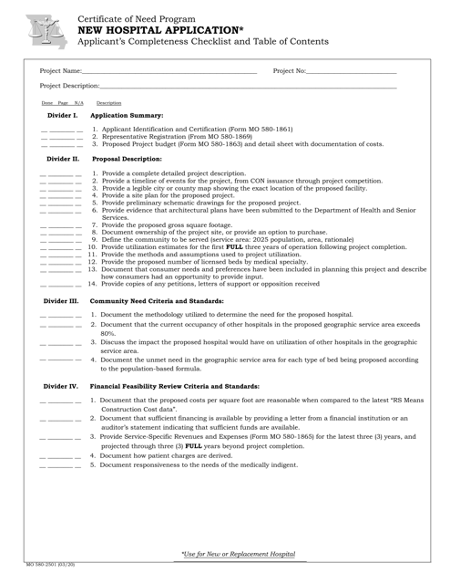 Form MO580-2501 New Hospital Application - Certificate of Need Program - Missouri