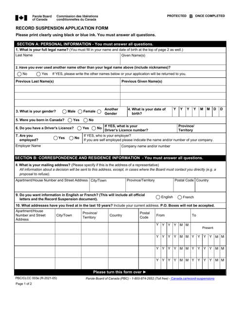 Form PBC/CLCC003E Record Suspension Application Form - Canada