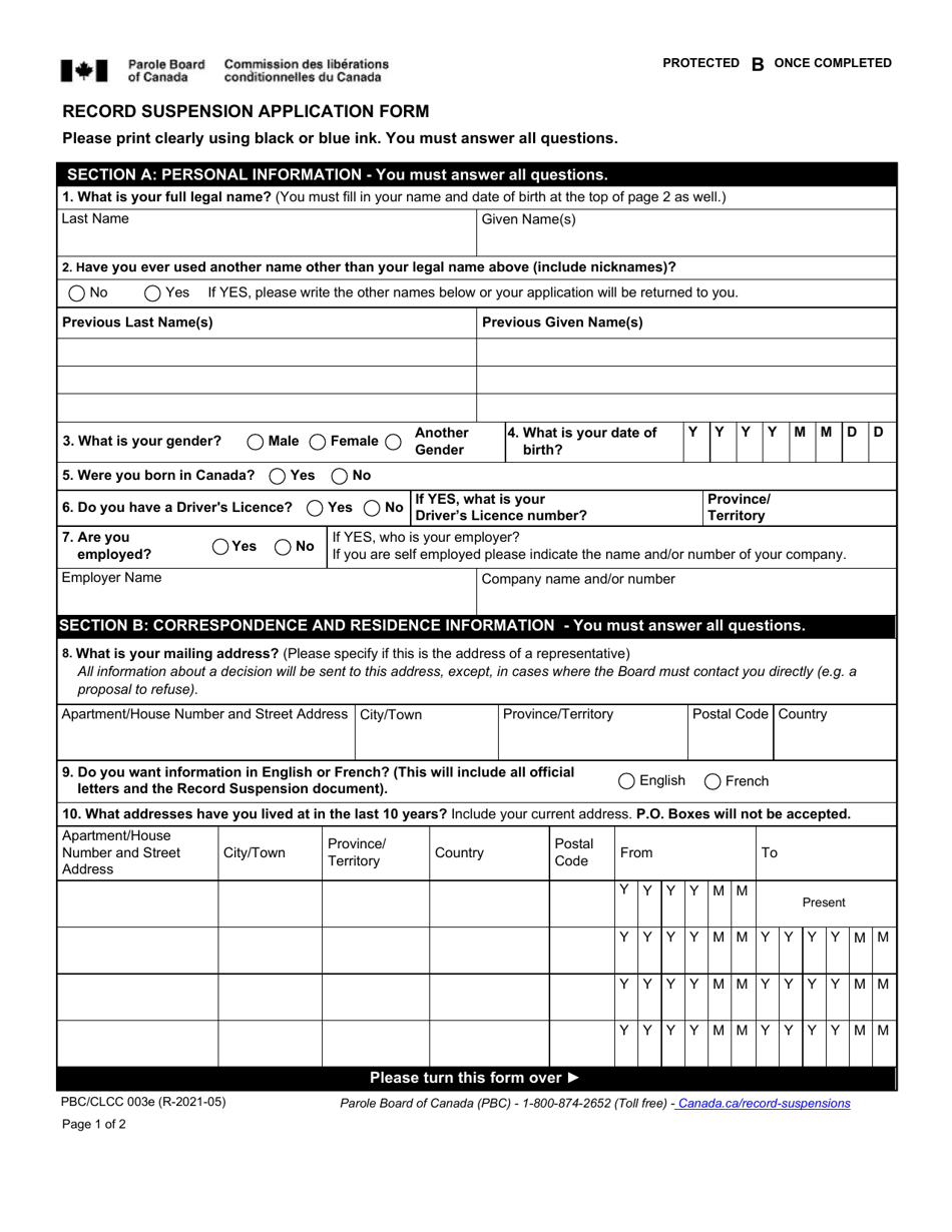 Form PBC / CLCC003E Record Suspension Application Form - Canada, Page 1
