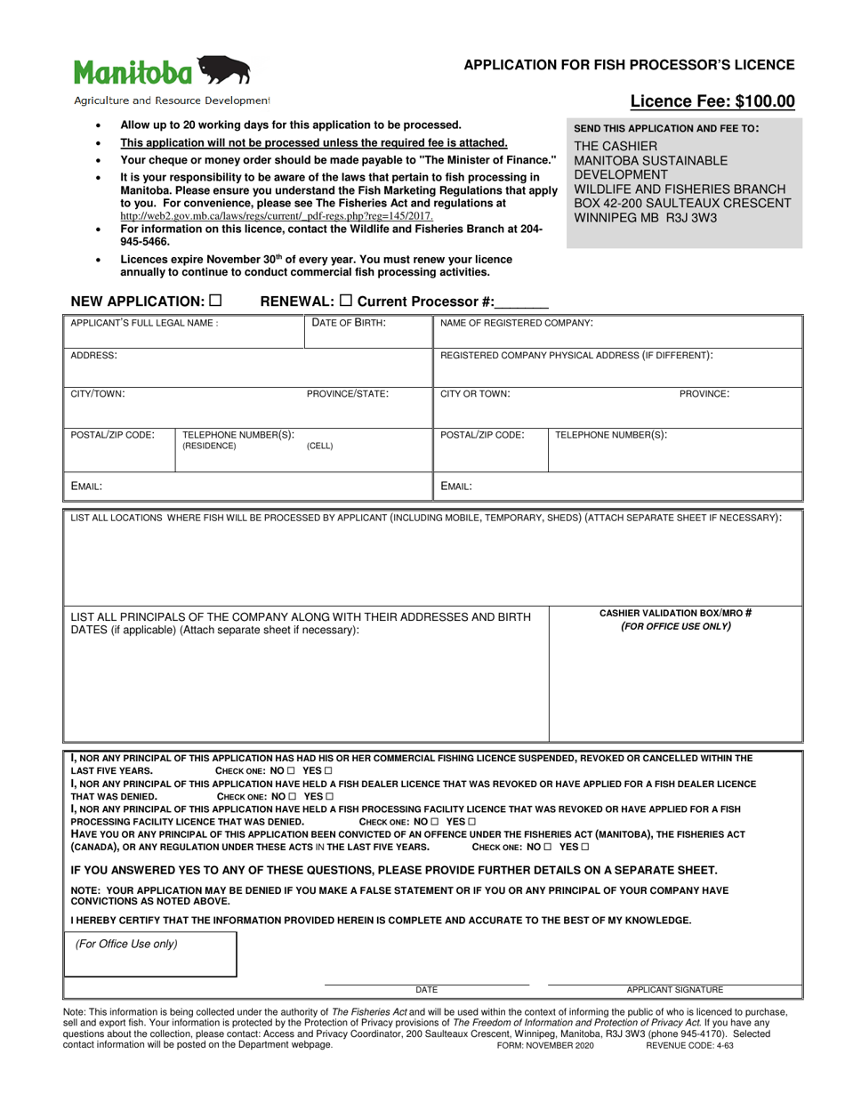 Application for Fish Processors Licence - Manitoba, Canada, Page 1