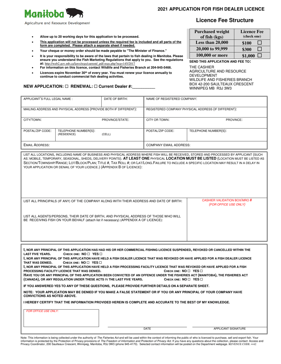 Application for Fish Dealer Licence - Manitoba, Canada, Page 1