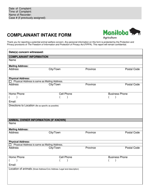 Complainant Intake Form - Manitoba, Canada Download Pdf