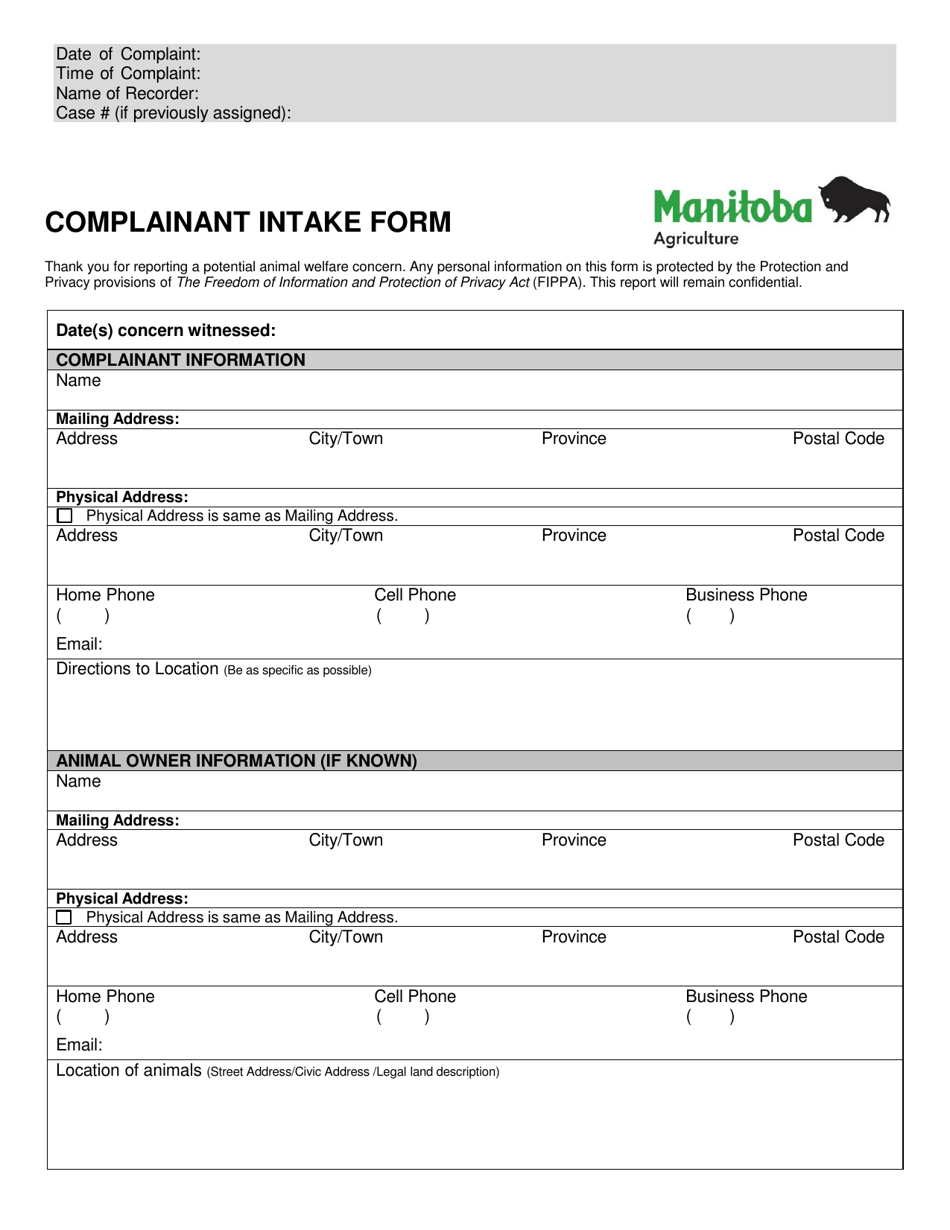 Complainant Intake Form - Manitoba, Canada, Page 1