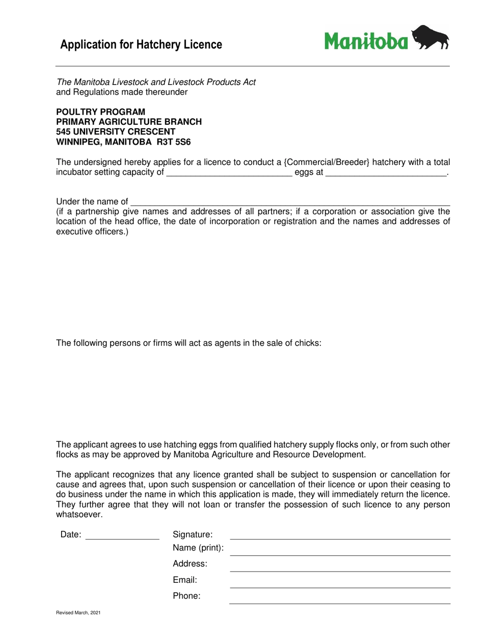Application for Hatchery Licence - Manitoba, Canada, Page 1