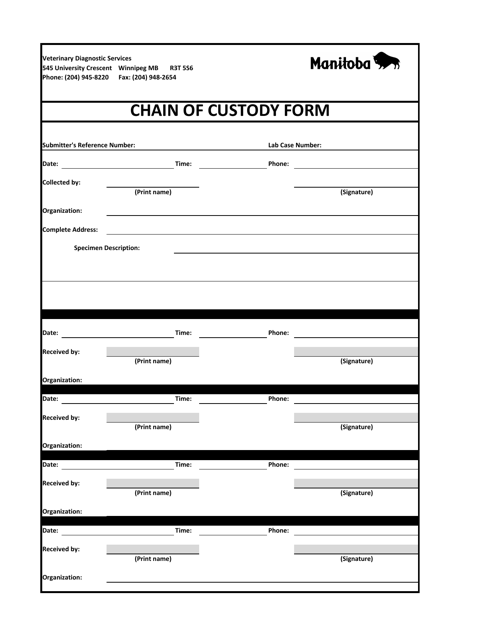 Chain of Custody Form - Manitoba, Canada