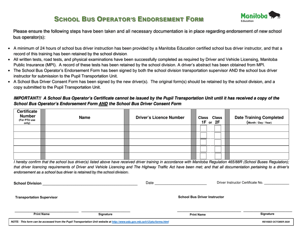 School Bus Operators Endorsement Form - Manitoba, Canada, Page 1
