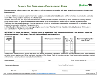 &quot;School Bus Operator's Endorsement Form&quot; - Manitoba, Canada