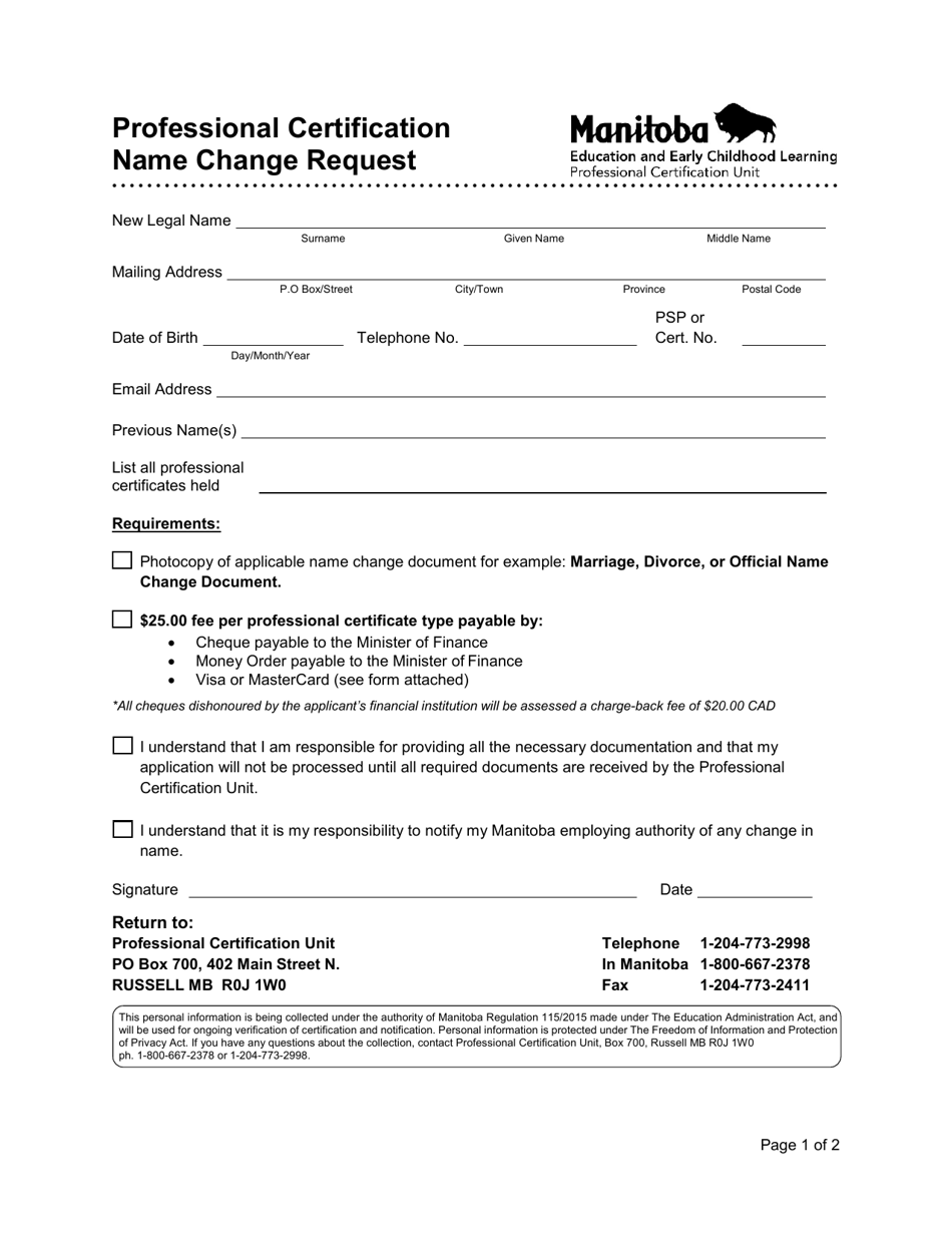 Professional Certification Name Change Request - Manitoba, Canada, Page 1