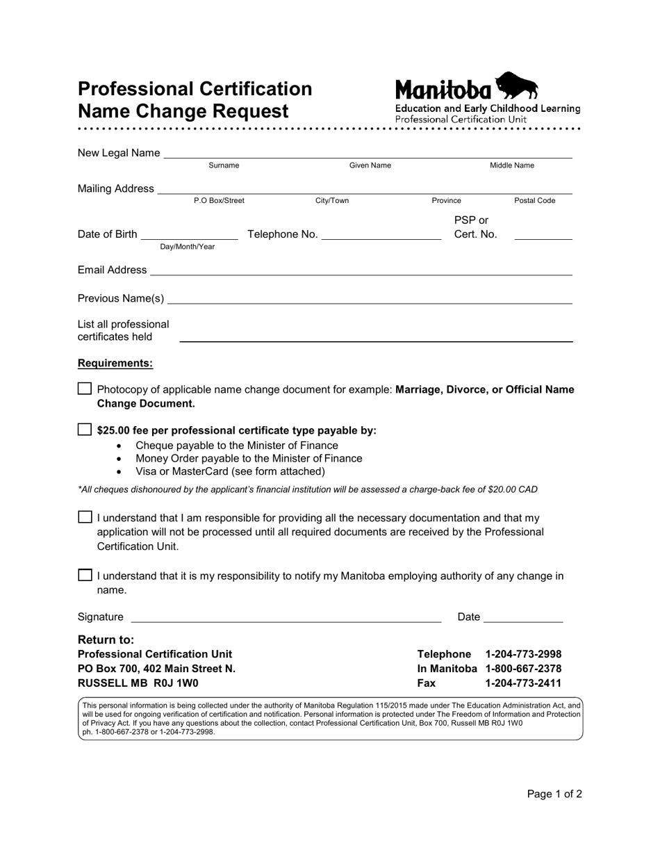 Manitoba Canada Professional Certification Name Change Request - Fill ...