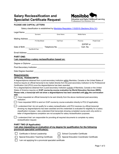 Salary Reclassification and Specialist Certificate Request - Manitoba, Canada Download Pdf