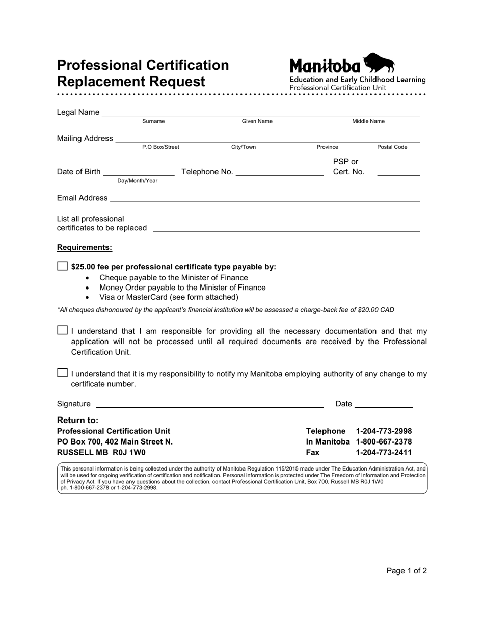 Professional Certification Replacement Request - Manitoba, Canada, Page 1