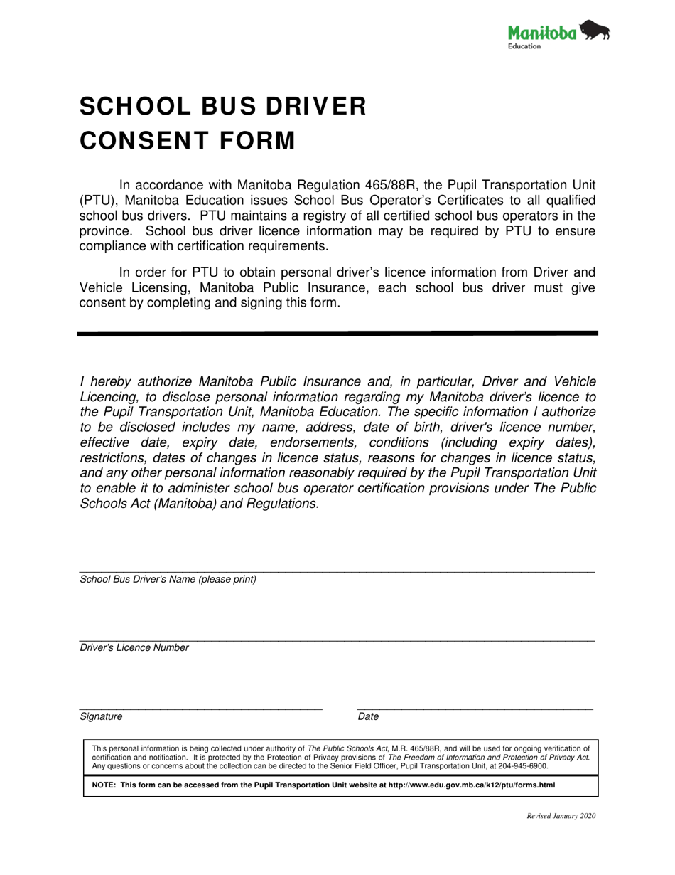 School Bus Driver Consent Form - Manitoba, Canada, Page 1