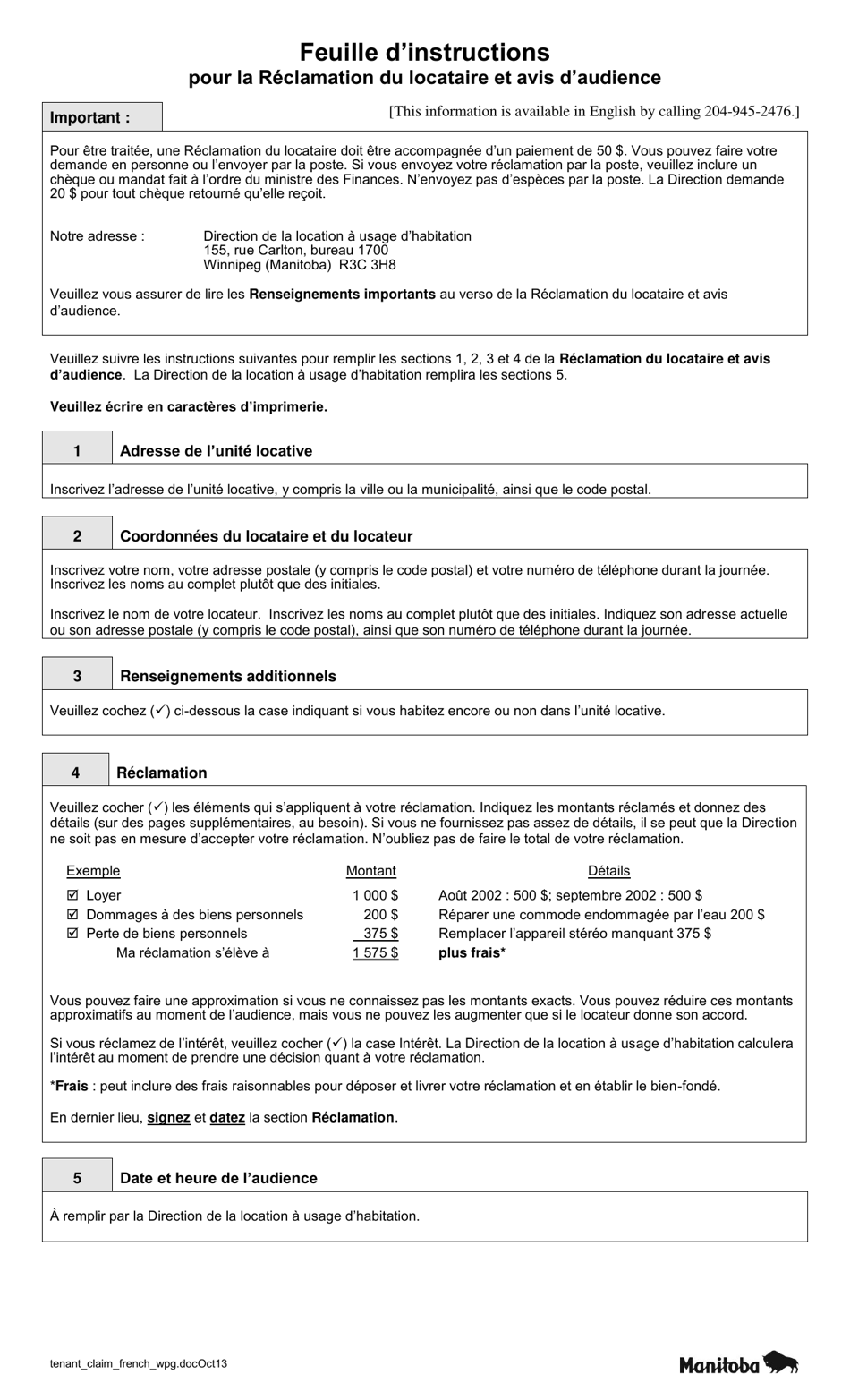 Reclamation Du Locataire - Sample - Manitoba, Canada (French), Page 1