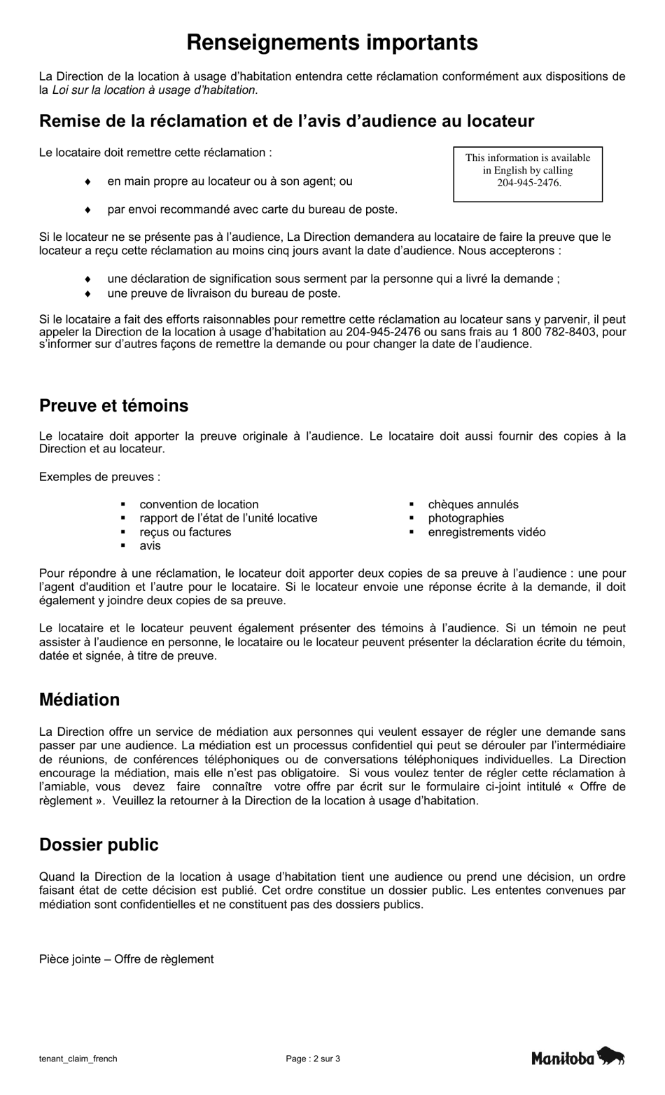 Reclamation Du Locataire - Sample - Manitoba, Canada (French), Page 3