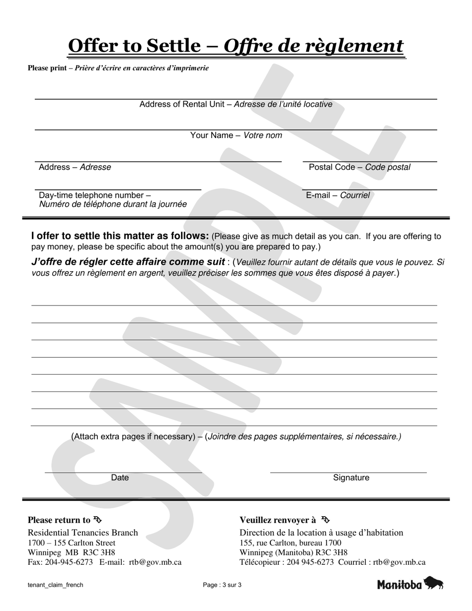 Manitoba Canada Reclamation Du Locataire Sample (French) Fill Out