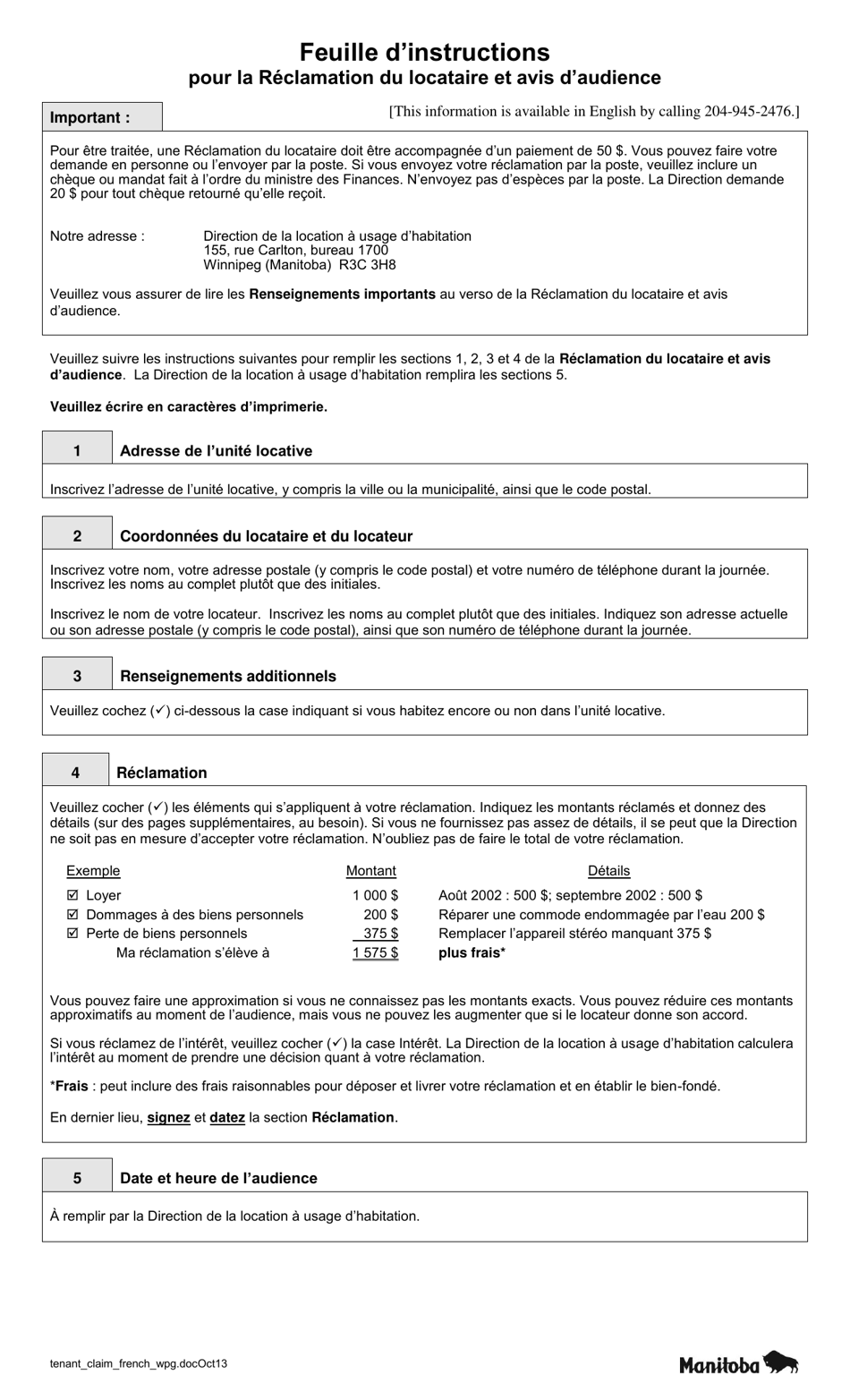 Manitoba Canada Reclamation Du Locataire Sample (French) Fill Out