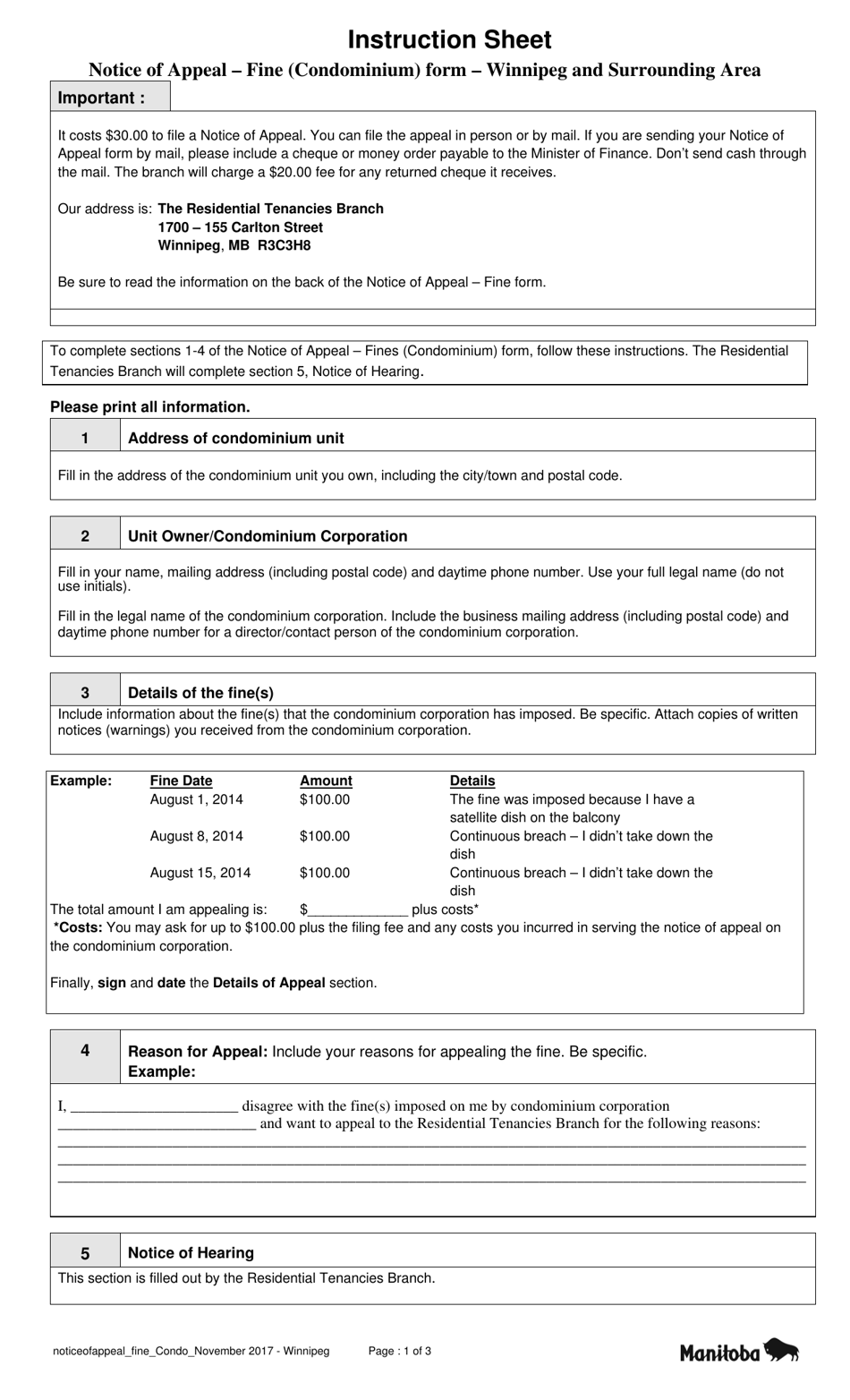 Notice of Appeal - Fine (Condominium) Form - Winnipeg and Surrounding Area - Manitoba, Canada, Page 1