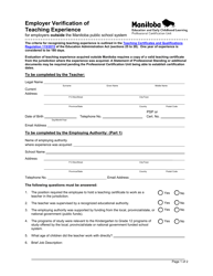 Document preview: Employer Verification of Teaching Experience for Employers Outside the Manitoba Public School System - Manitoba, Canada