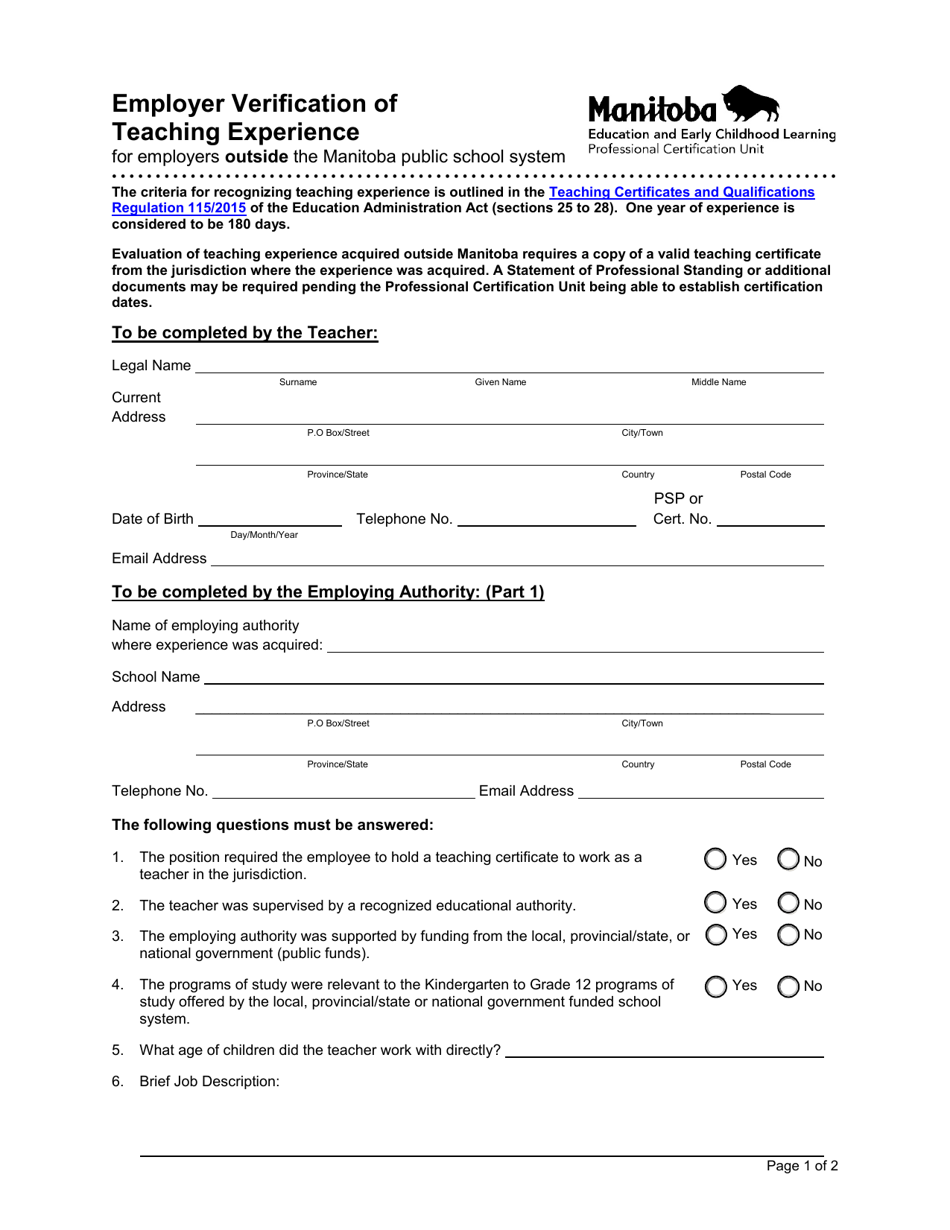 Employer Verification of Teaching Experience for Employers Outside the Manitoba Public School System - Manitoba, Canada, Page 1