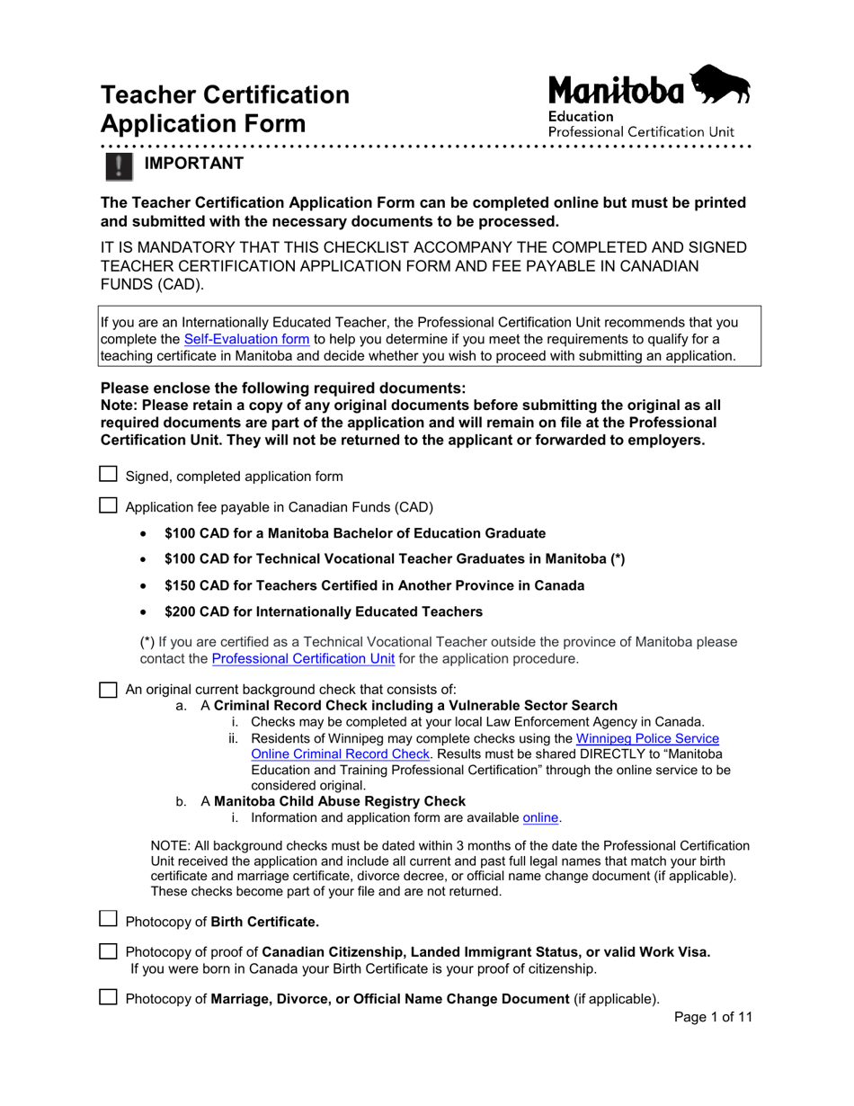 Teacher Certification Application Form - Manitoba, Canada, Page 1