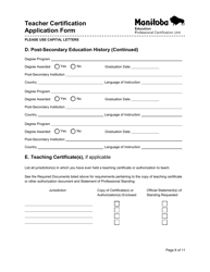 Teacher Certification Application Form - Manitoba, Canada, Page 6