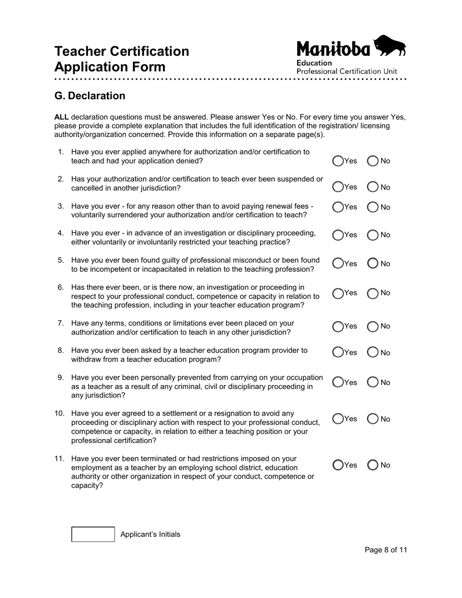 Teacher Certification Application Form - Manitoba, Canada, Page 8