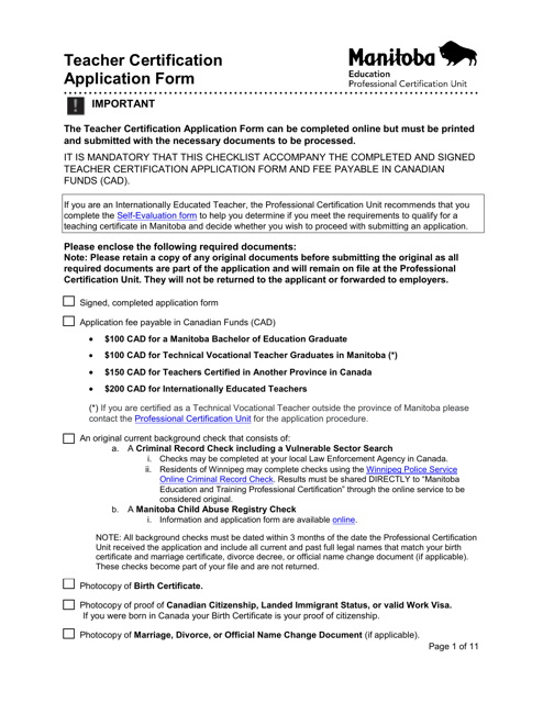 Teacher Certification Application Form - Manitoba, Canada Download Pdf