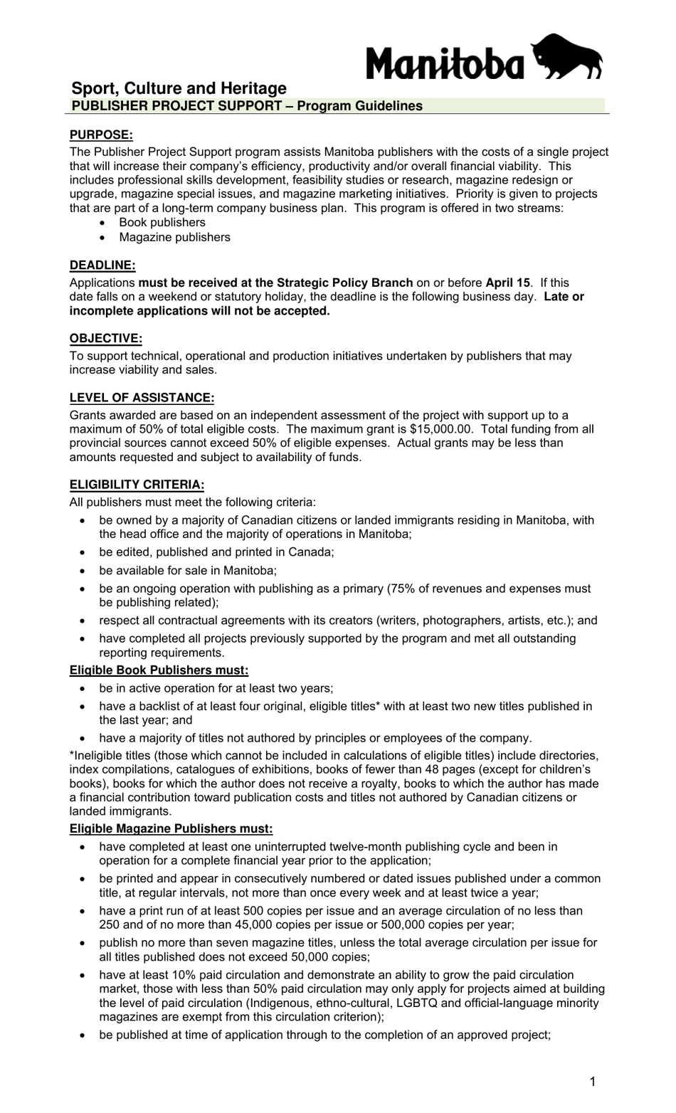 Publisher Project Support - Application - Manitoba, Canada, Page 1