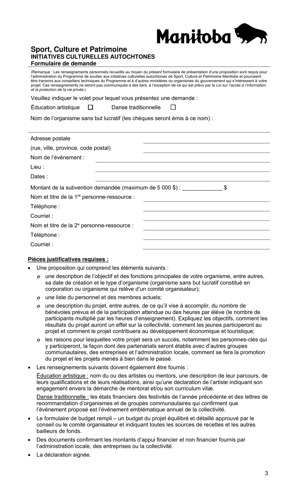 Initiatives Culturelles Autochtones - Formulaire De Demande - Manitoba, Canada (French), Page 3