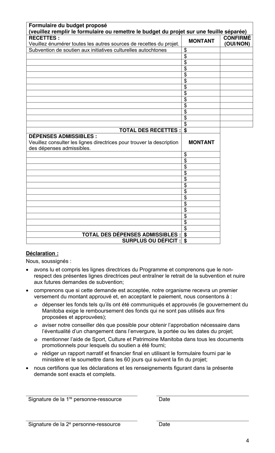 Initiatives Culturelles Autochtones - Formulaire De Demande - Manitoba, Canada (French), Page 4