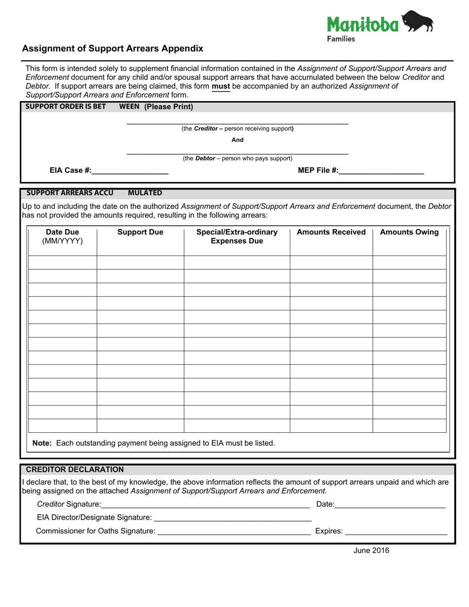 Manitoba Canada Assignment of Support Arrears Appendix Fill Out, Sign