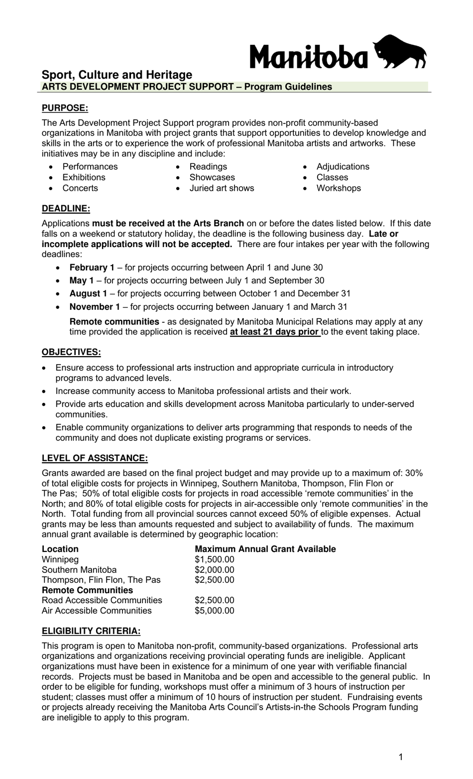 Arts Development Project Support Application Form - Manitoba, Canada, Page 1