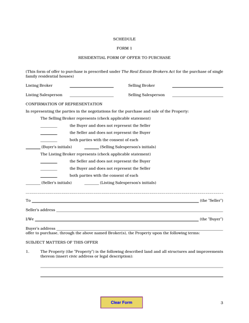Form 1 Residential Form of Offer to Purchase - Manitoba, Canada