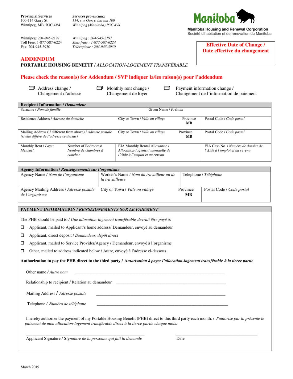 Manitoba Canada Portable Housing Benefit Addendum Fill Out, Sign
