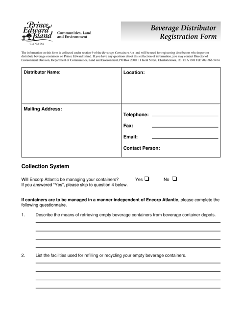 Beverage Distributor Registration Form - Prince Edward Island, Canada Download Pdf