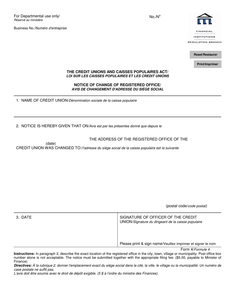 Form 4 Notice of Change of Registered Office - Credit Unions - Manitoba, Canada (English / French), Page 1