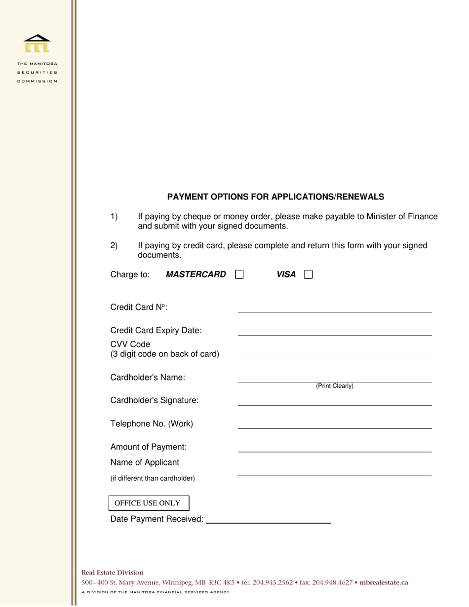 Payment Options for Applications / Renewals - Manitoba, Canada, Page 1
