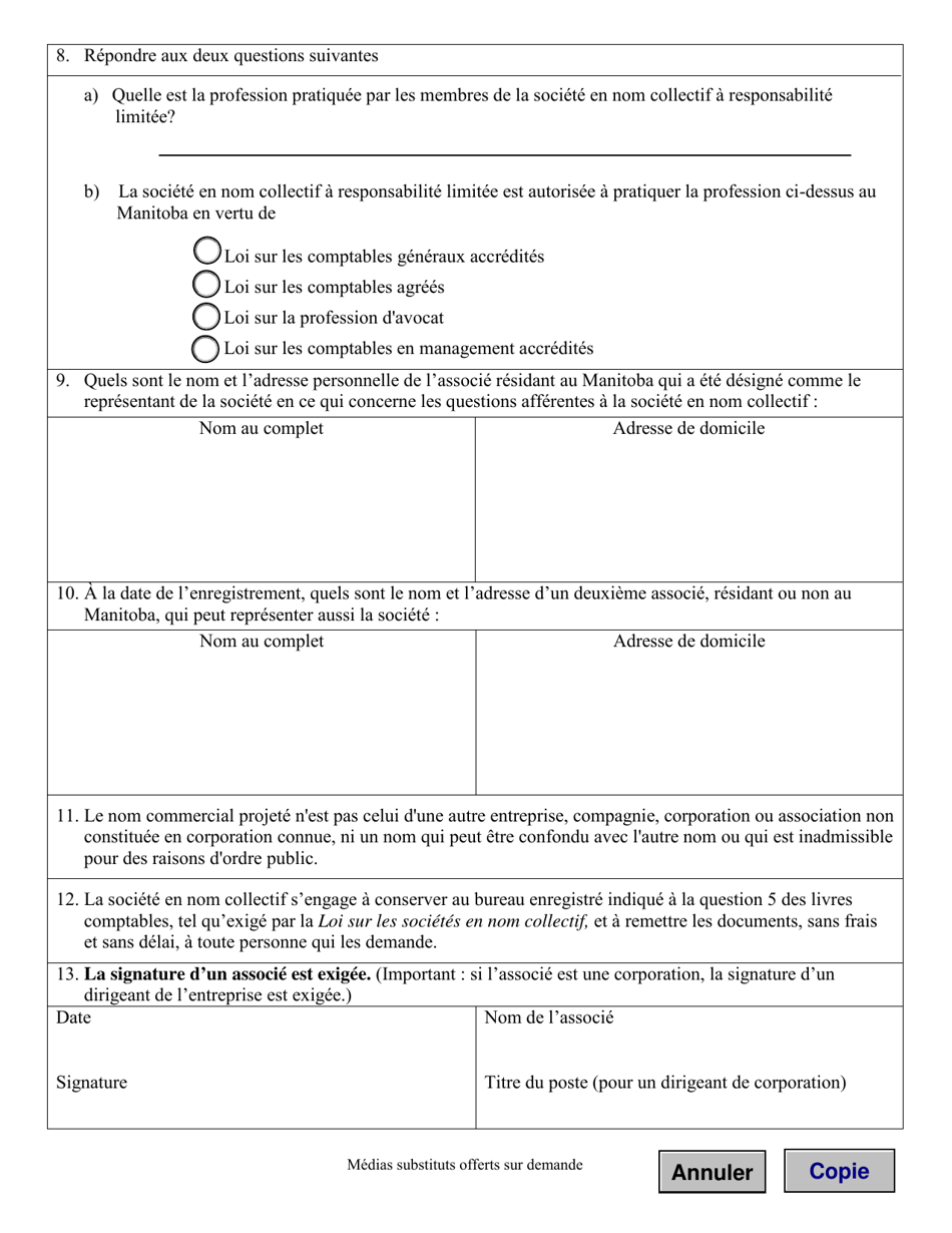Enregistrement Dune Societe En Nom Collectif a Responsabilite Limitee - Manitoba, Canada (French), Page 3